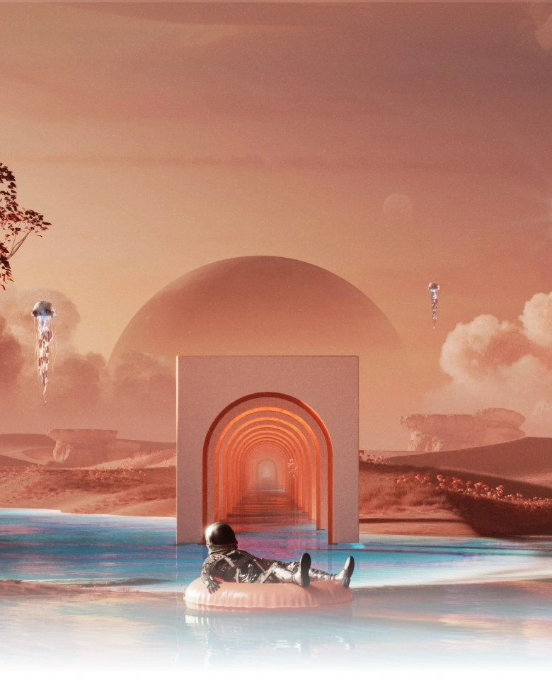 Astronauta flotando en un lago frente a un portal de arcos, rodeado de medusas, en un paisaje desértico — ilustración de Zorv Studio