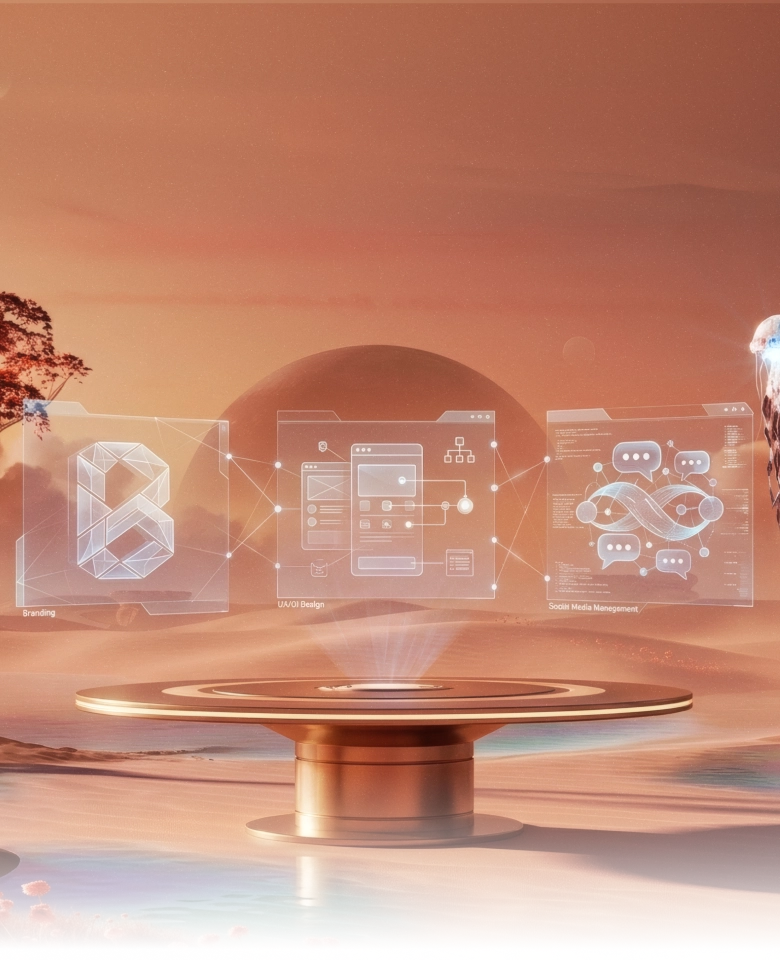 Holograma de branding, UX/UI y social media flotando sobre un paisaje desértico — servicios de Zorv Studio